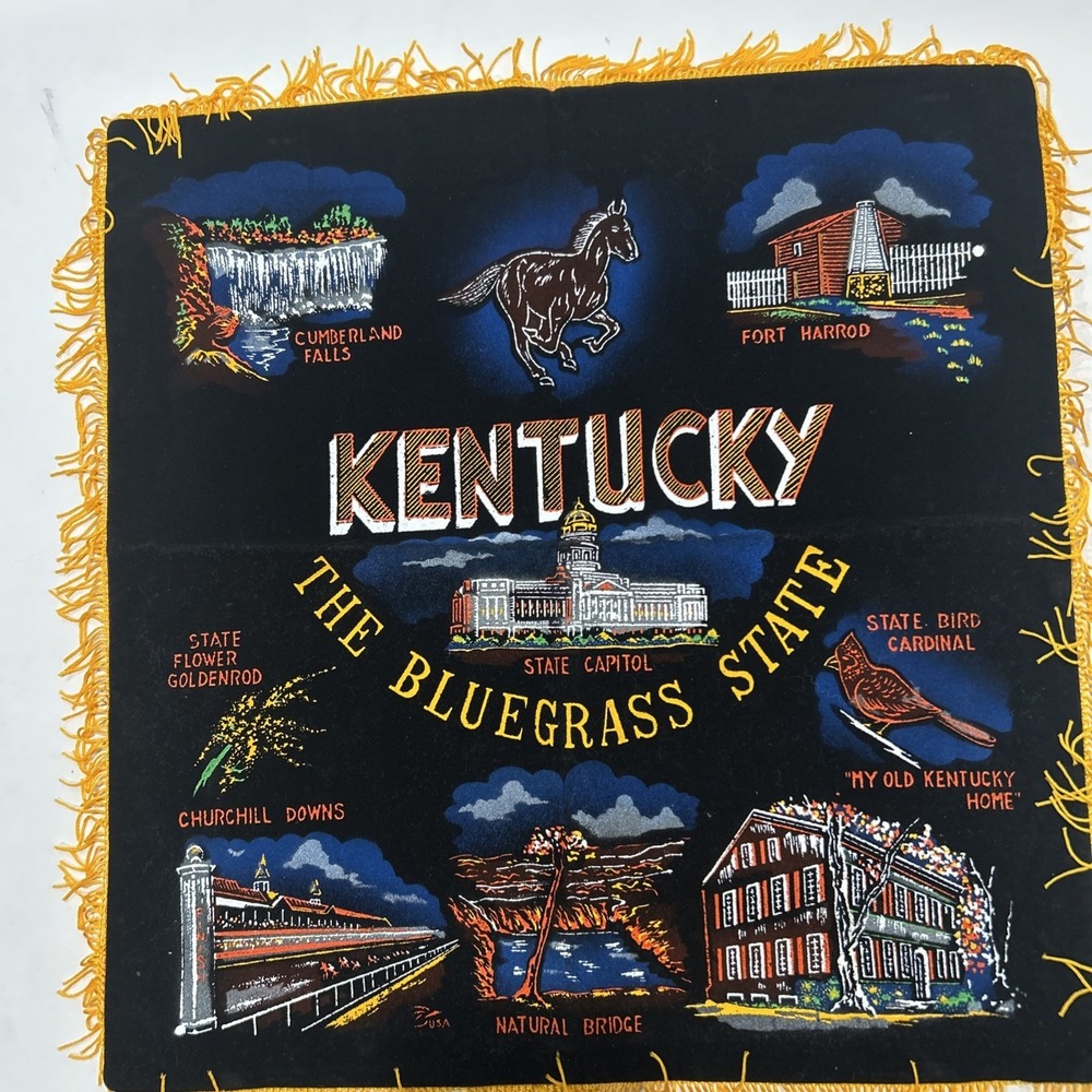 NEAT OLDER VTG BLACK FELT BANNER "KENTUCKY, THE BLUE GRASS STATE" BRIGHT COLORS